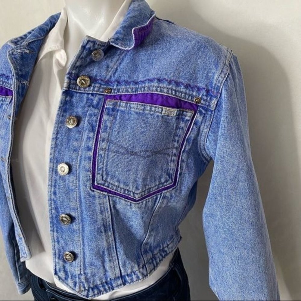 Vintage Ethics Jean Jacket Embroidered Cropped Pearl Button  Purple Details S - Picture 3 of 12
